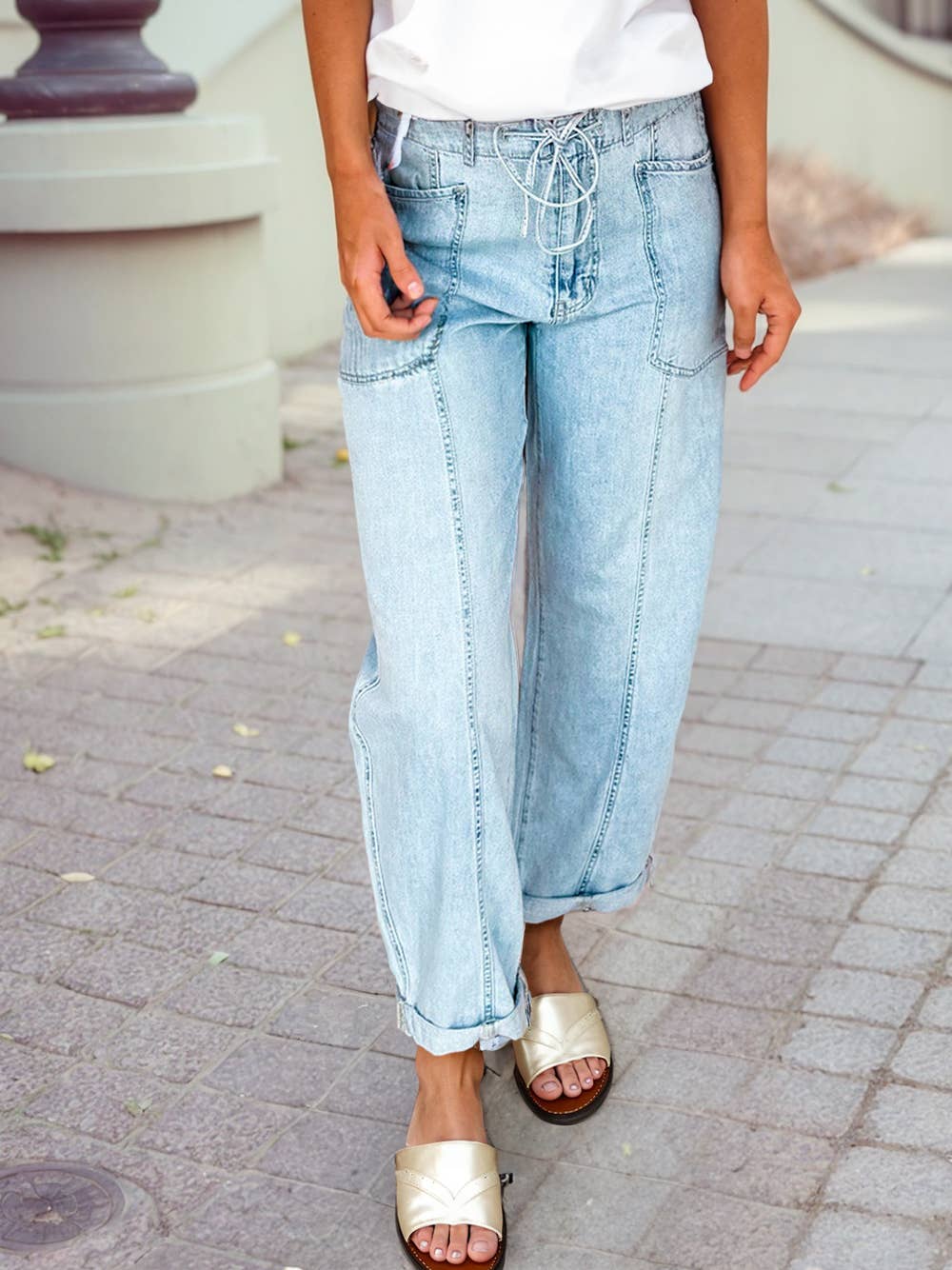 Exposed Stitch Detail Drawstring Barrel Jeans