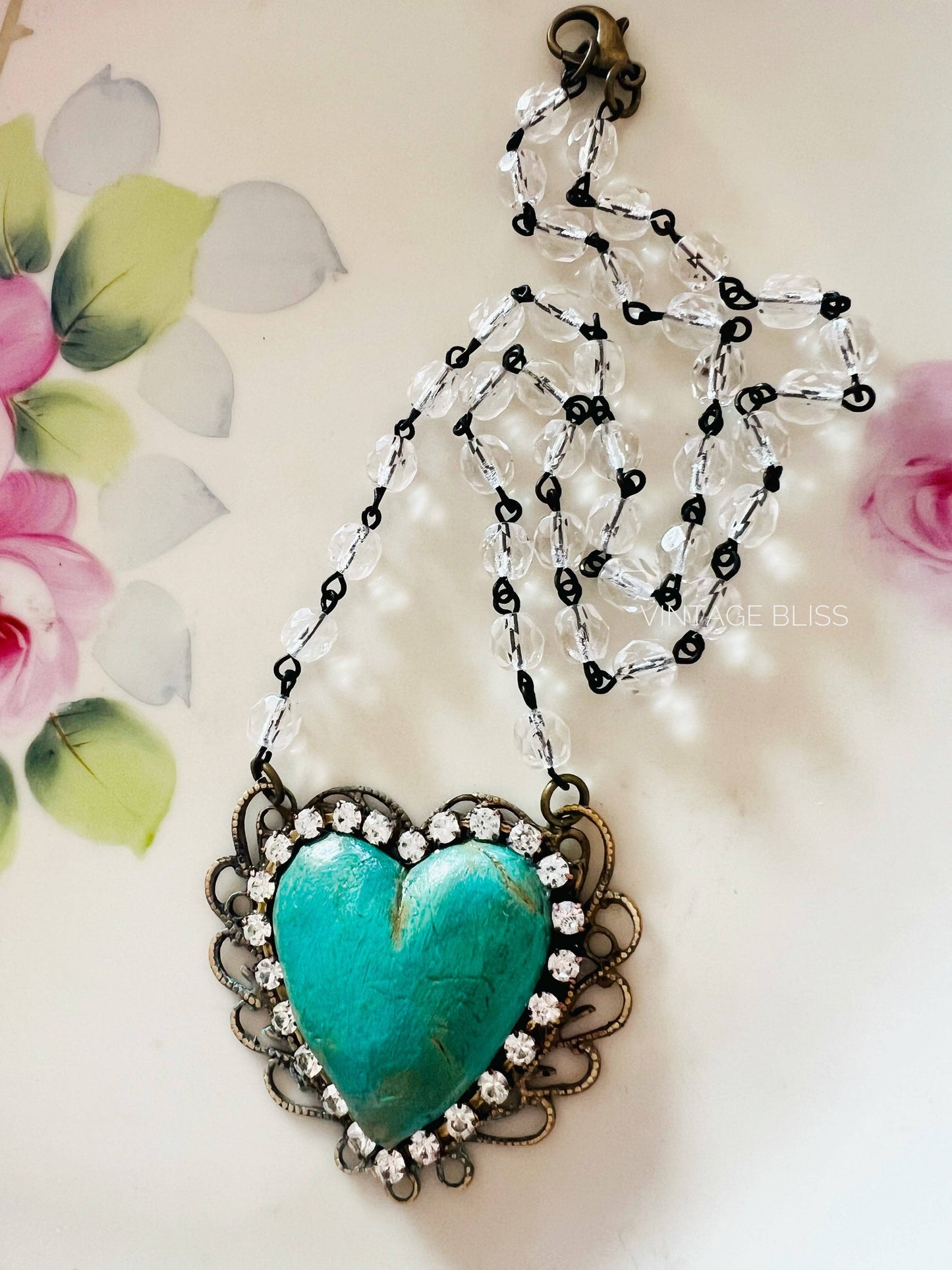 Turquoise Color Heart Filigree Necklace