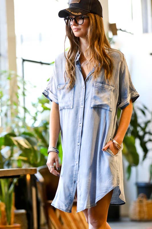 Short sleeve front button down denim shirt dress