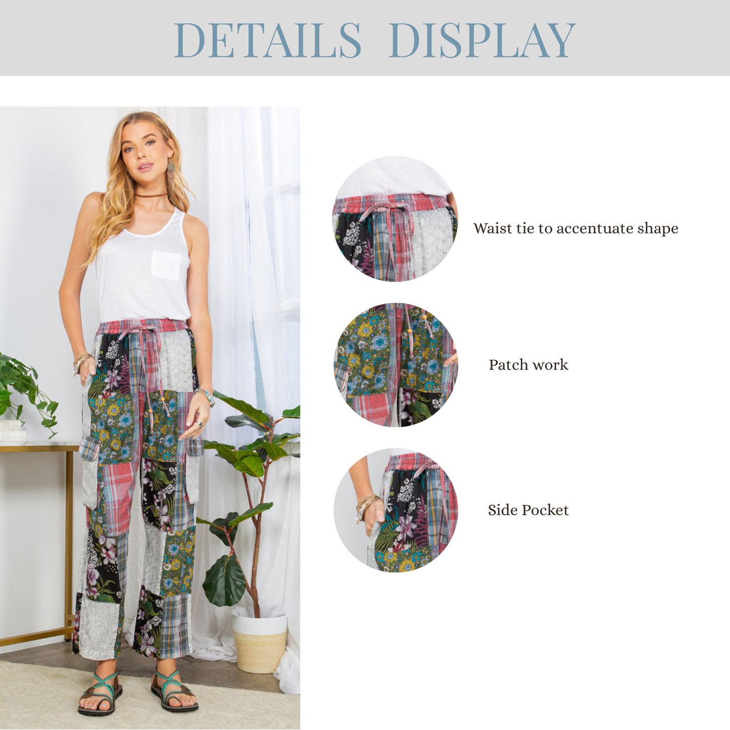 Bohemian Patchwork Straight Pant Plaid & Schiffli Embroidery