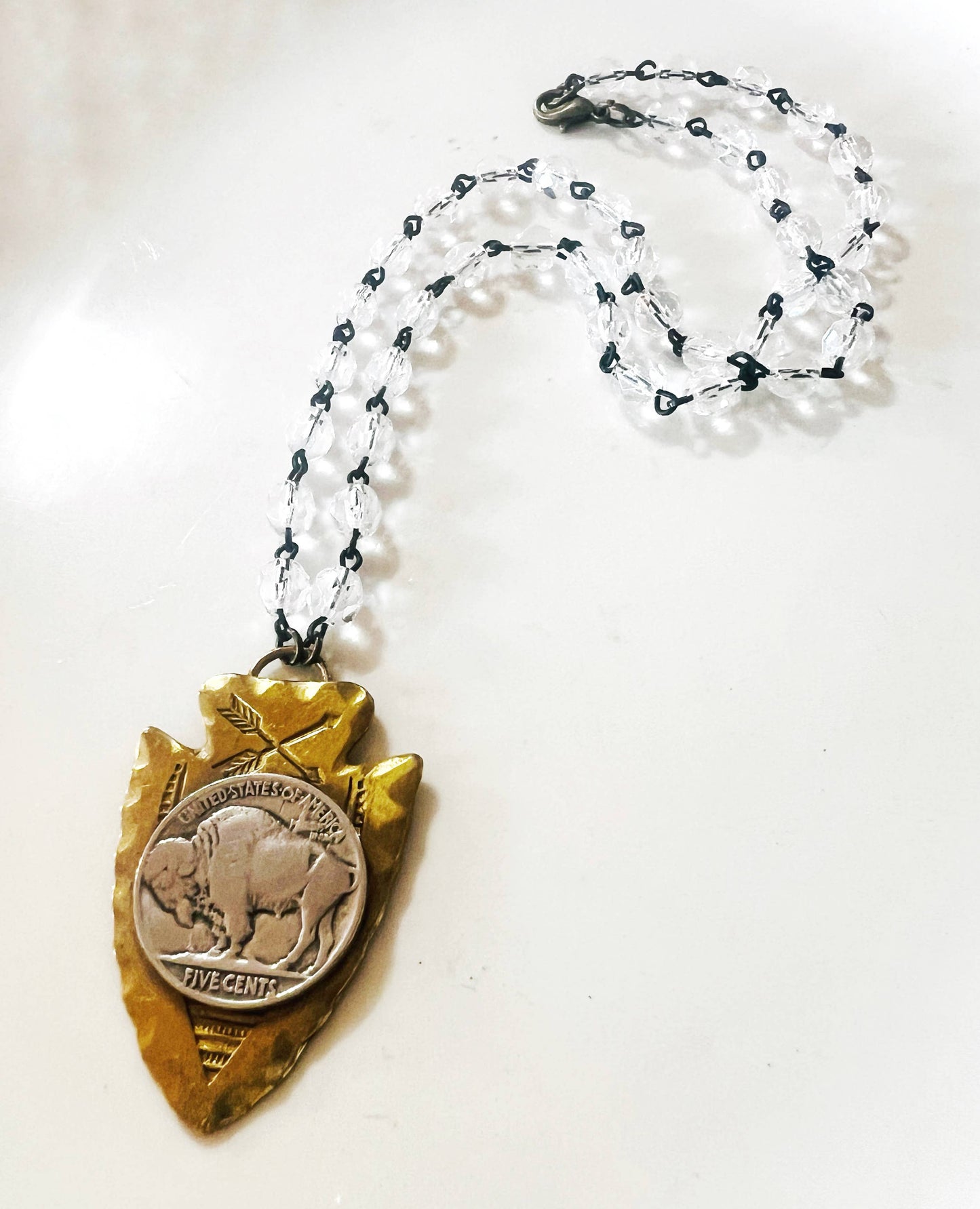 Brass Arrowhead Buffalo Nickel Western Beaded Chain Necklace