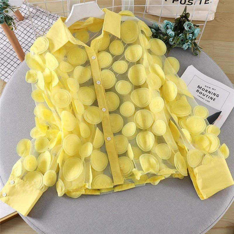 Hollow Lantern Sleeve Mesh Blouse With 3D Flower Appliques