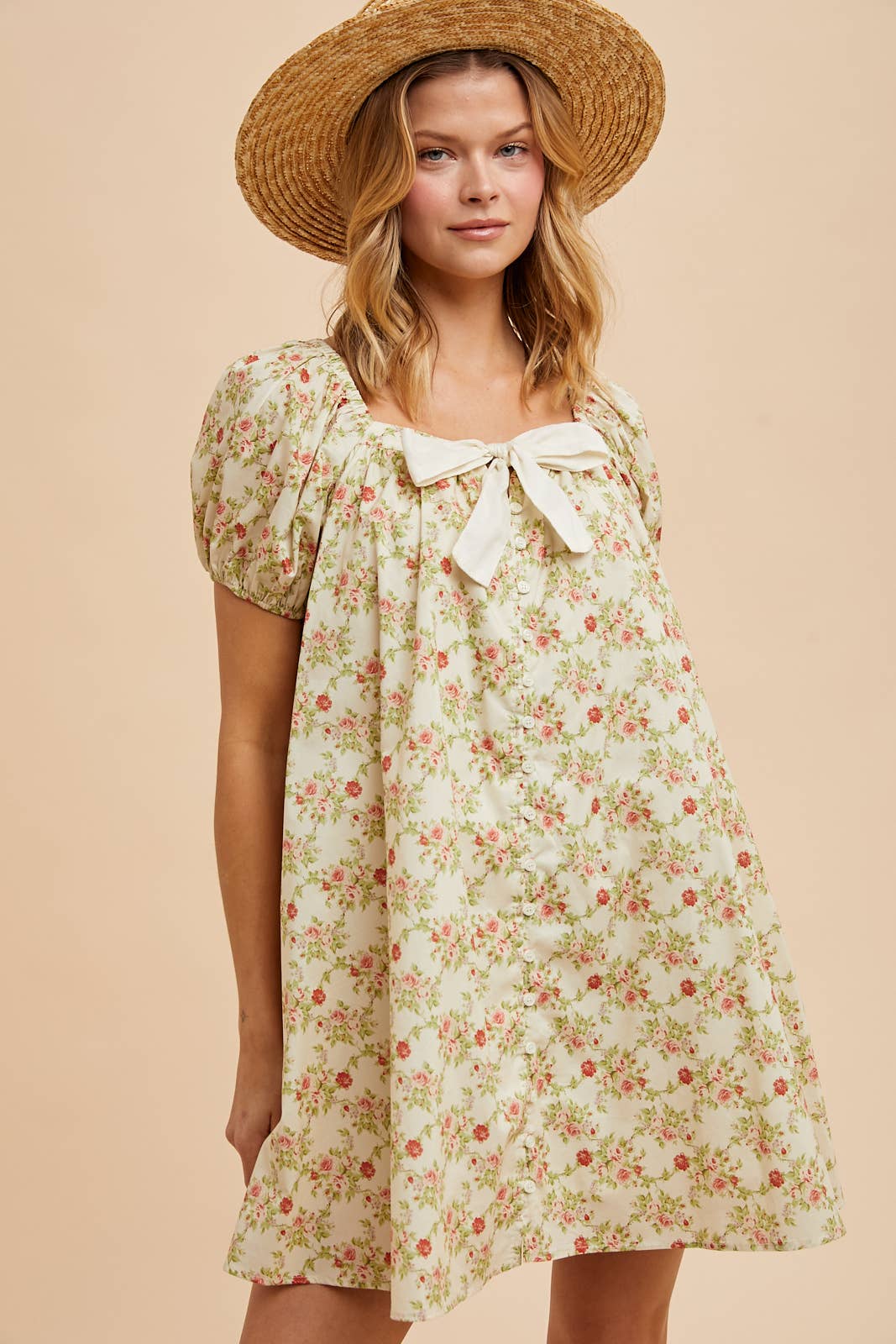 COTTON FLORAL BOW TIE SHIFT DRESS