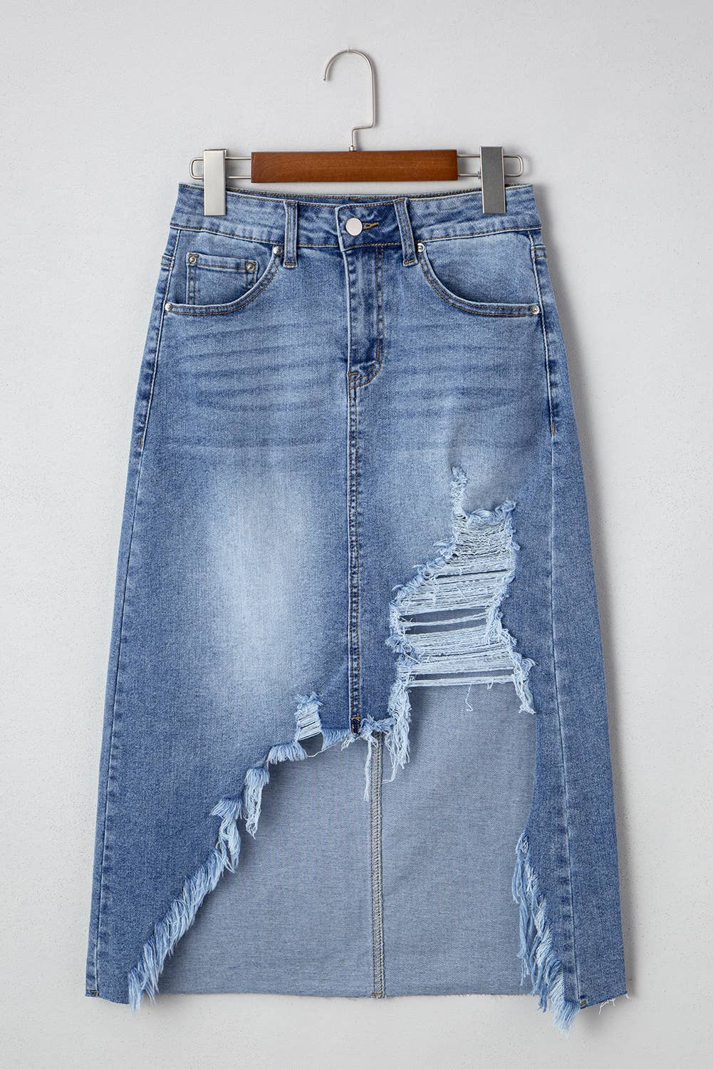 Dasha | Distressed Bottom Denim Midi Skirt