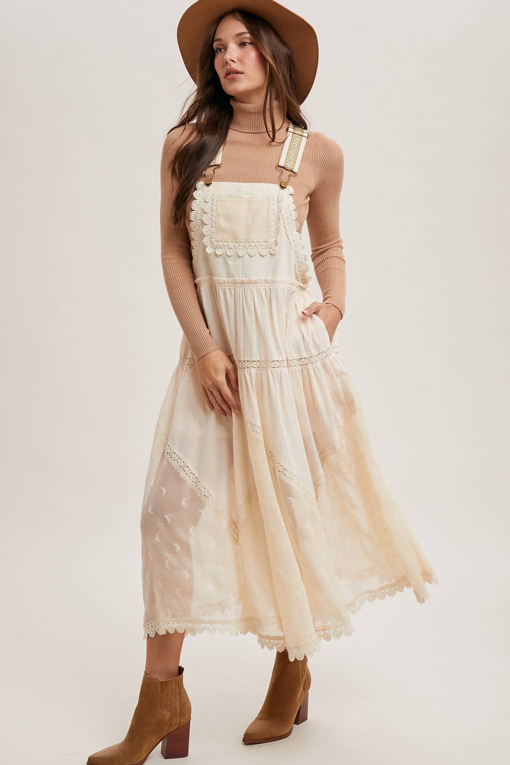 LACE EMBROIDERED TULLE BIB MAXI DRESS
