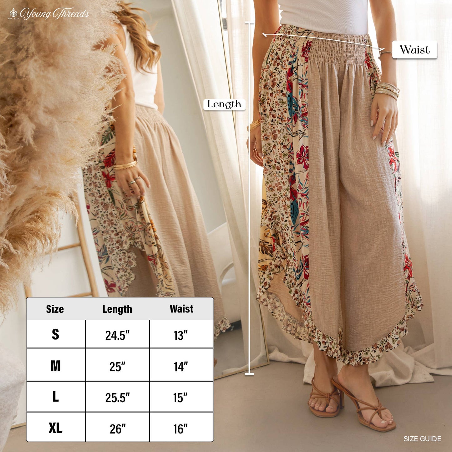 Artisan Boho Floral Panel Smocked Waist Wide-Leg Pants NEW