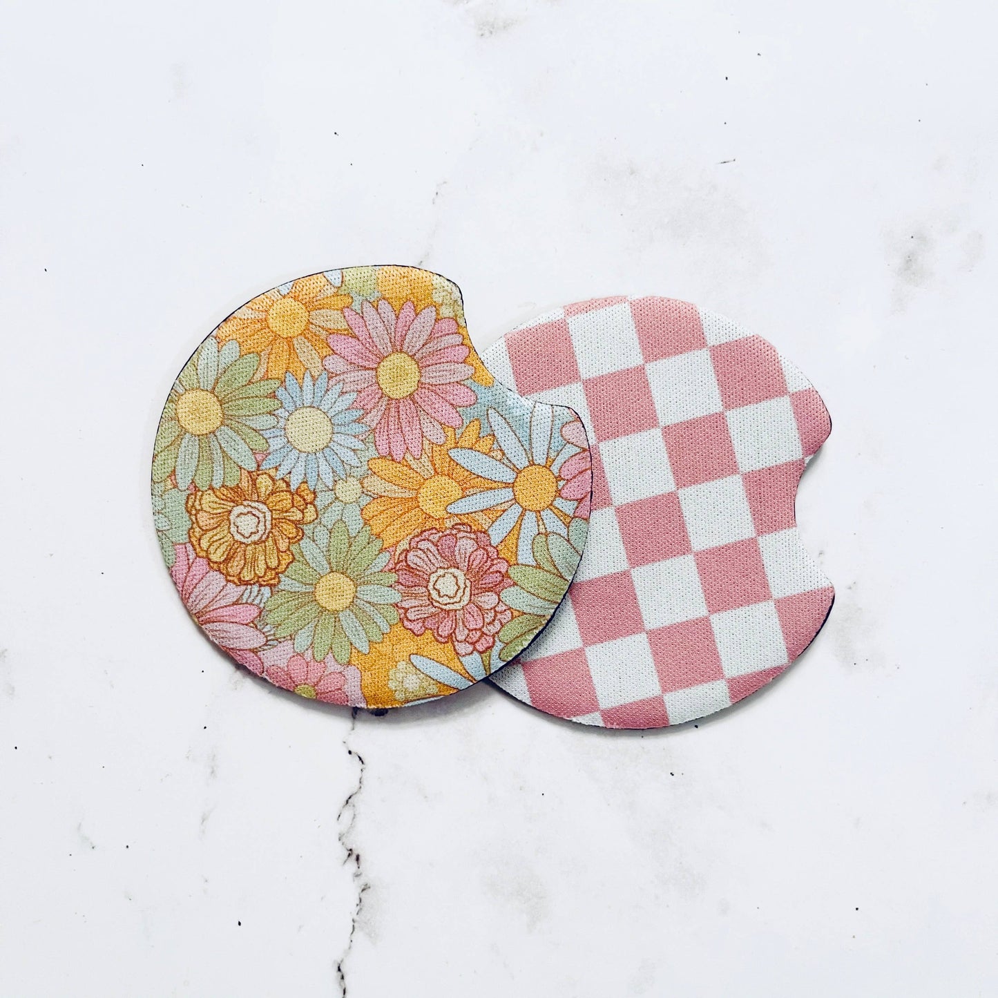 Retro Floral and Pink Check 2 Car Coasters,