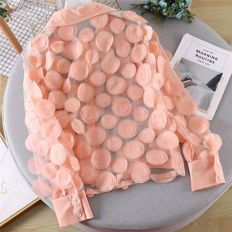 Hollow Lantern Sleeve Mesh Blouse With 3D Flower Appliques