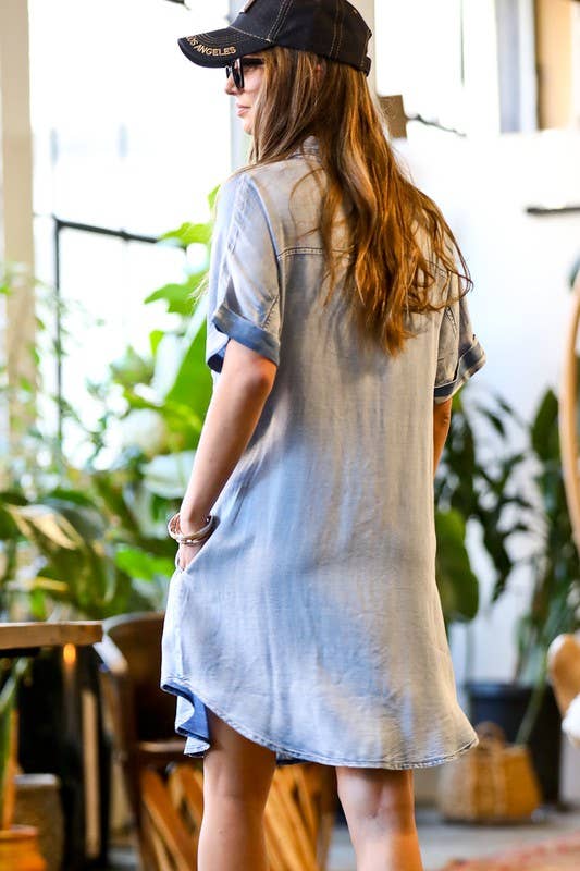 Short sleeve front button down denim shirt dress