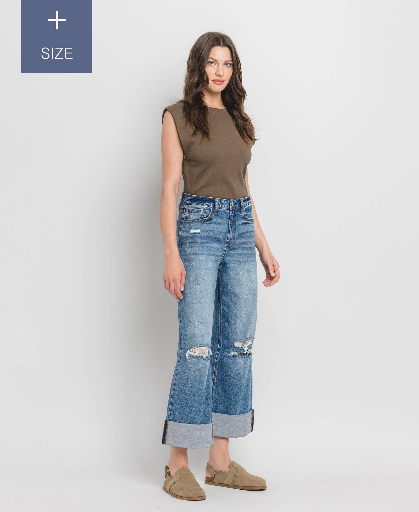 PLUS SIZE SUPER HIGH RISE CUFFED BAGGY WIDE JEANS