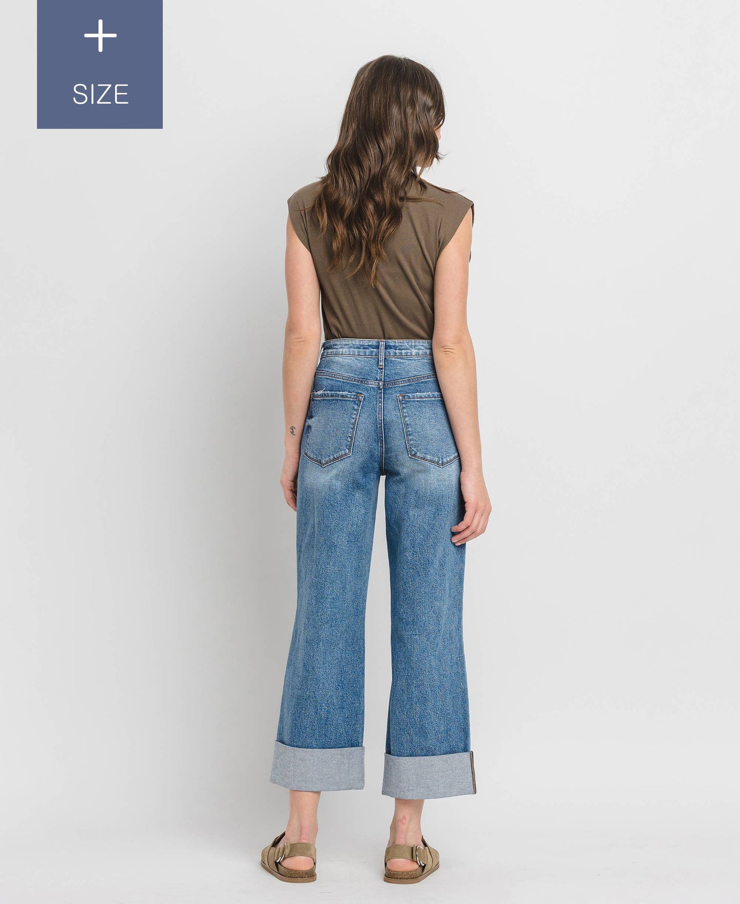 PLUS SIZE SUPER HIGH RISE CUFFED BAGGY WIDE JEANS