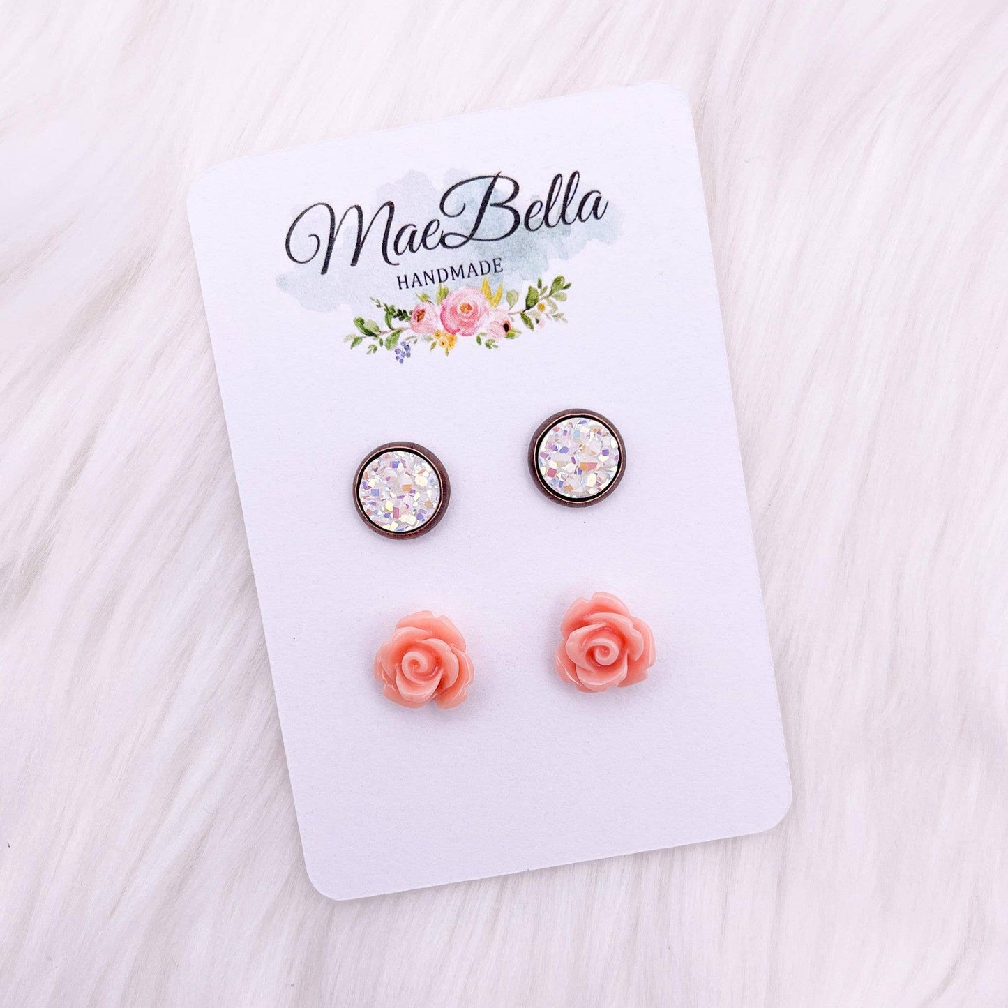2 Pack Stud Earring Set 8mm Peach Rose & Druzy