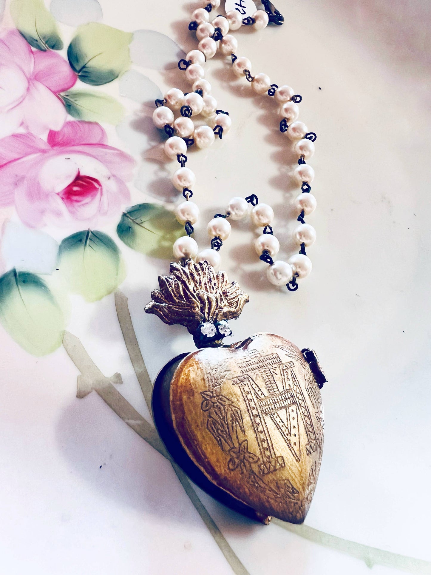 Sacred Heart Locket Pearl Beaded Chain Necklace