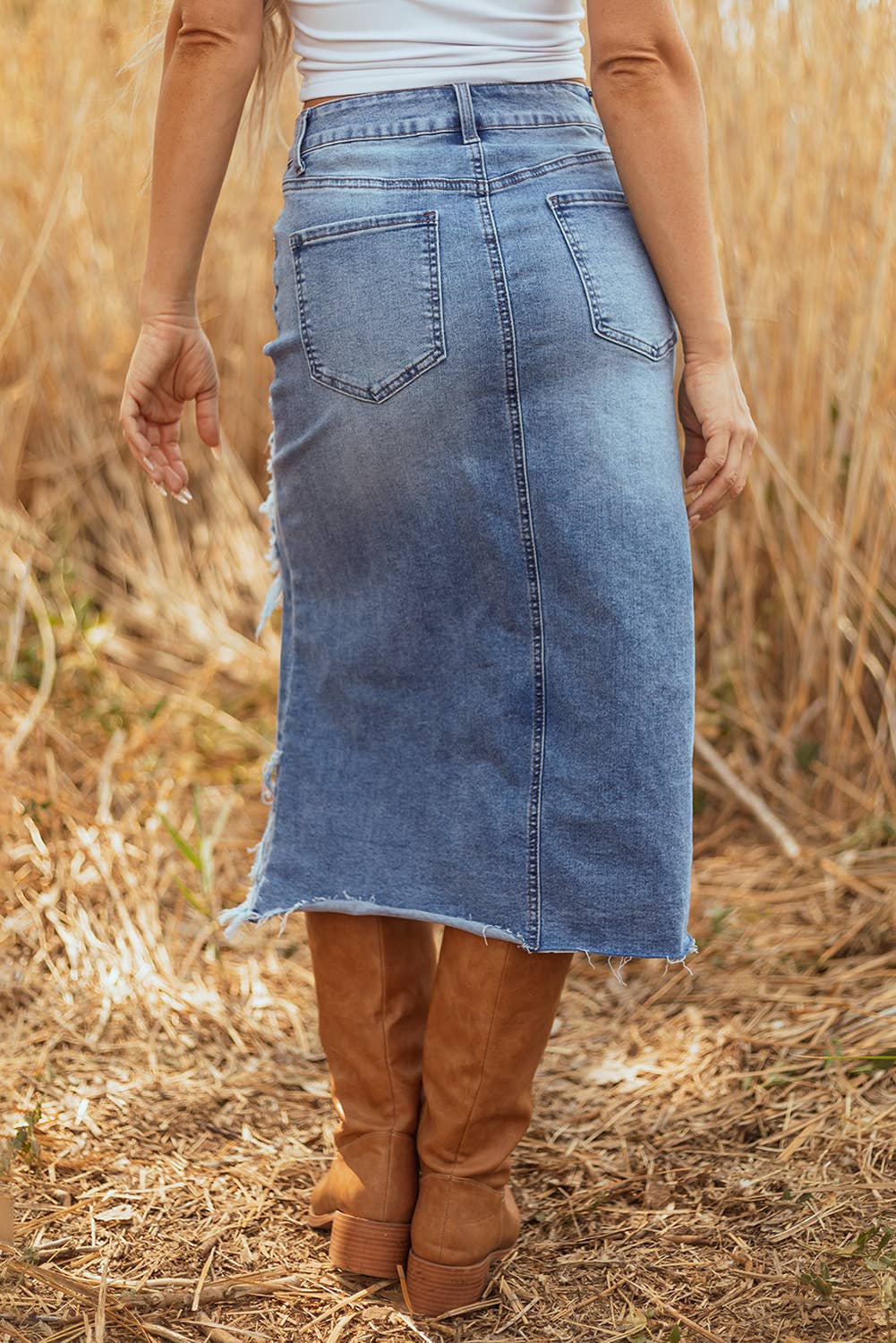 Dasha | Distressed Bottom Denim Midi Skirt