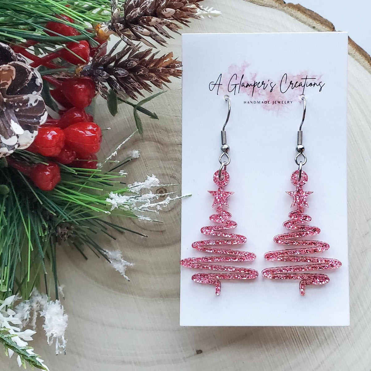 Pink Glitter Ribbon Christmas Tree Acrylic Earrings