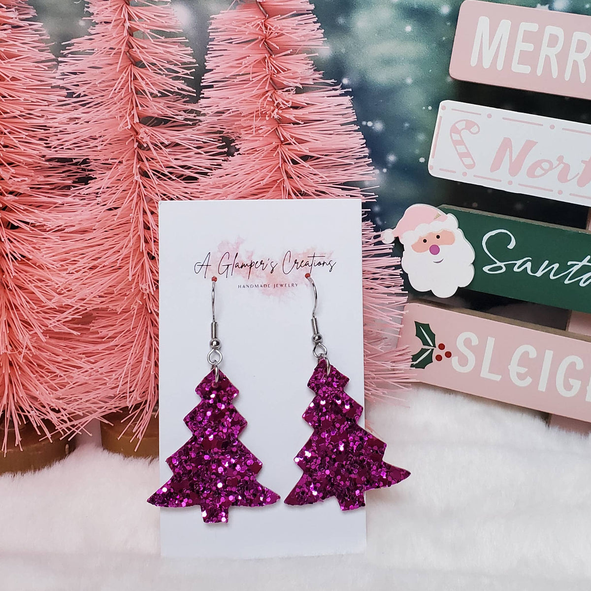 Fuchsia Glitter Christmas Tree Leather Earrings
