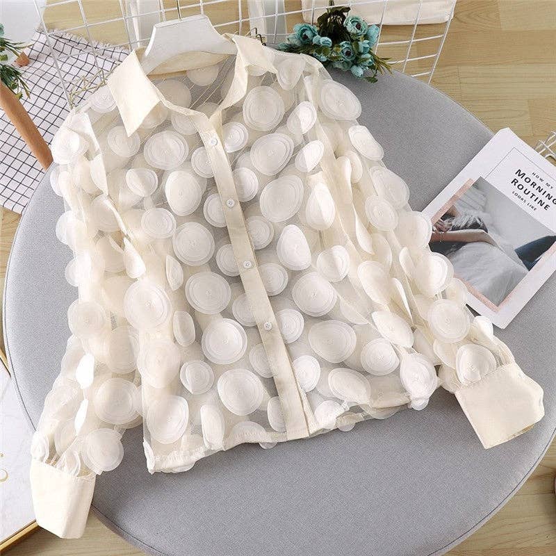 Hollow Lantern Sleeve Mesh Blouse With 3D Flower Appliques