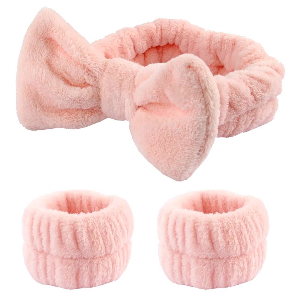 Bow Headband & Wristband Set Self Care Spa Day Baby Pink