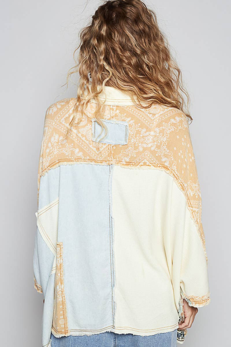 Oversize button down contrast fabric panel high low shirt