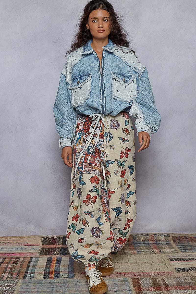 Vintage washing solid lace patch quilting woven jacket