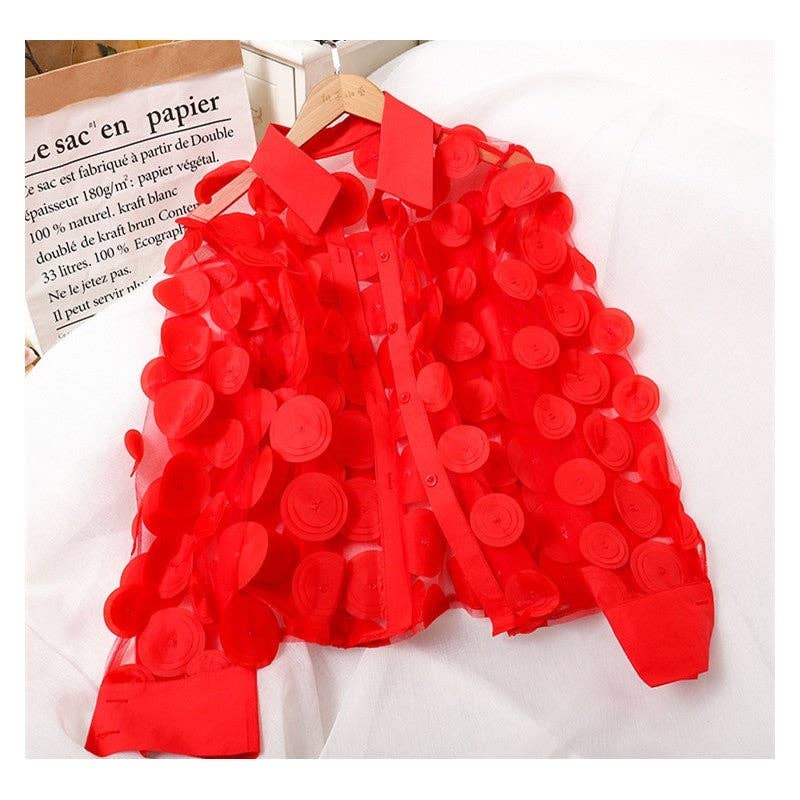 Hollow Lantern Sleeve Mesh Blouse With 3D Flower Appliques