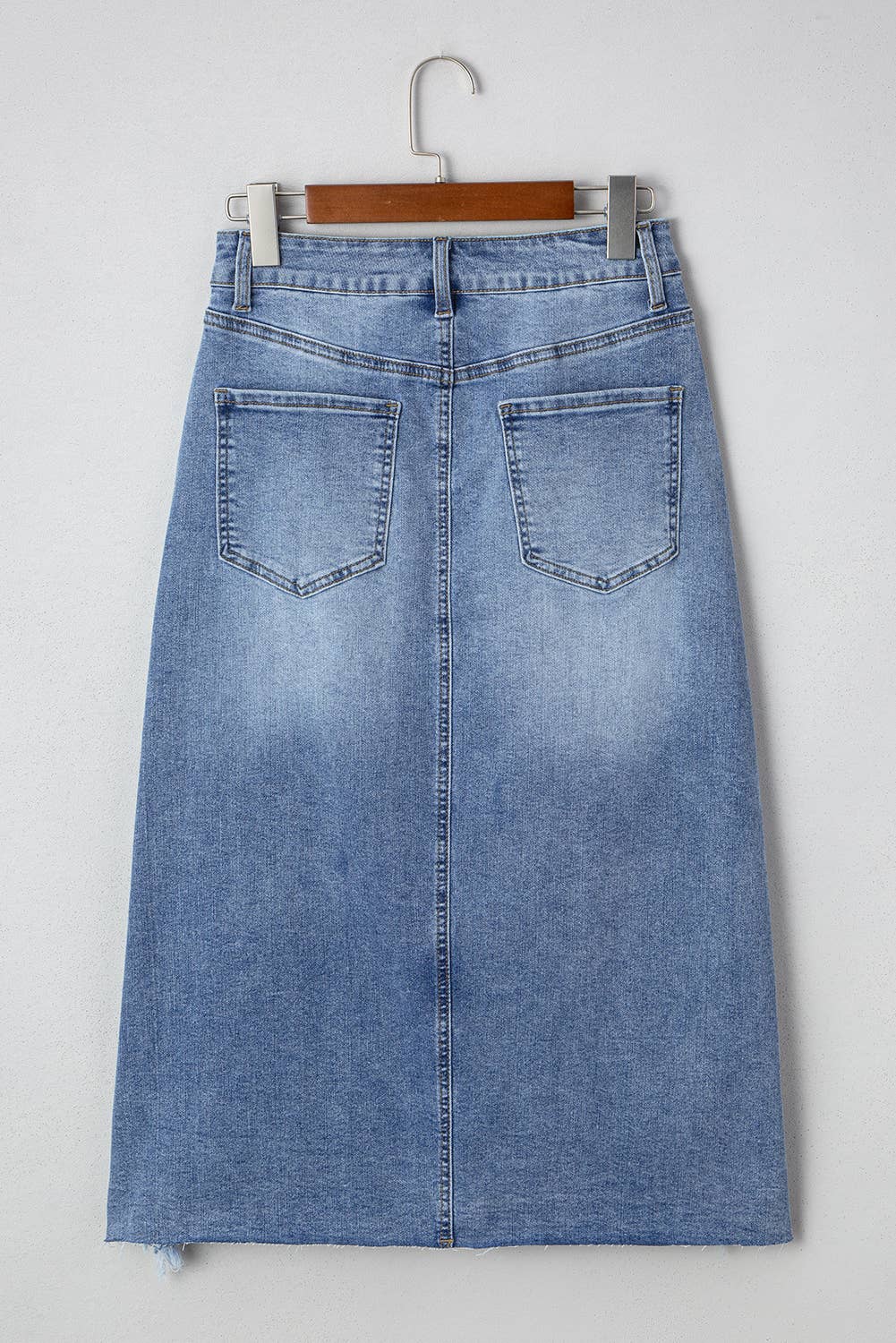 Dasha | Distressed Bottom Denim Midi Skirt