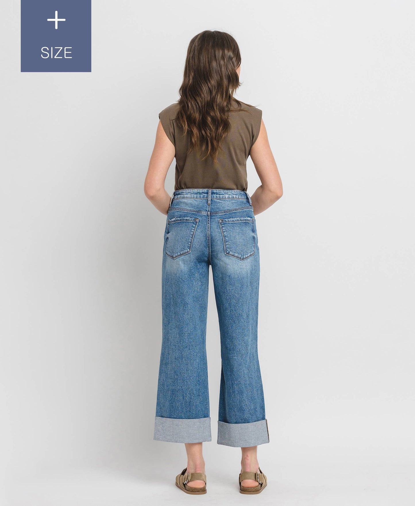 PLUS SIZE SUPER HIGH RISE CUFFED BAGGY WIDE JEANS