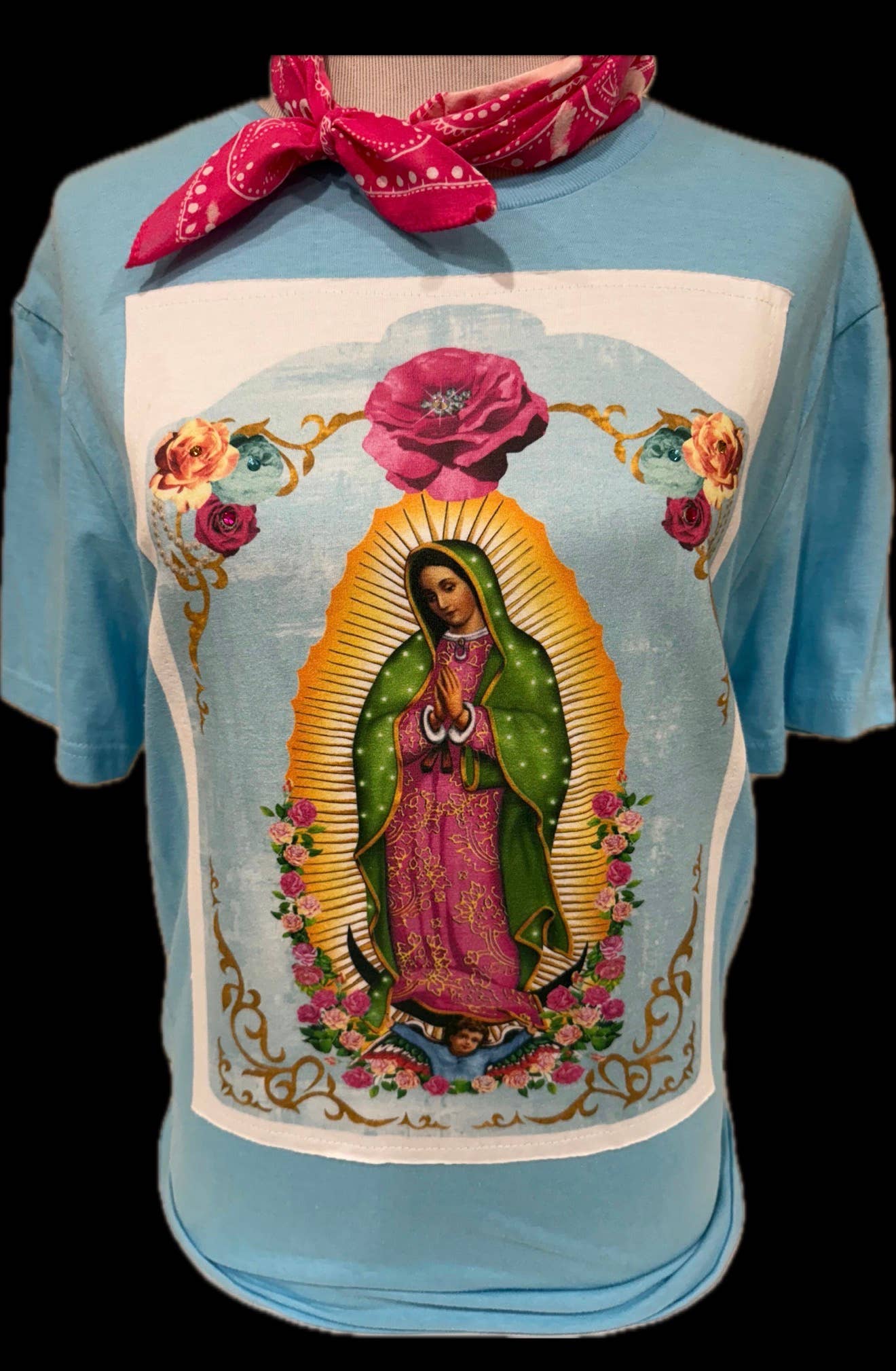 Lady of Guadalupe white tee patch on Ice Blue Crew
