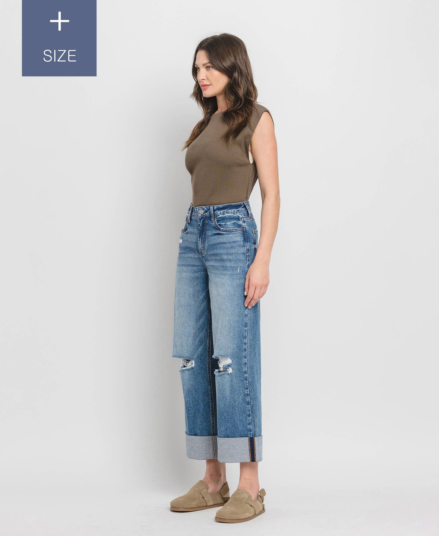 PLUS SIZE SUPER HIGH RISE CUFFED BAGGY WIDE JEANS