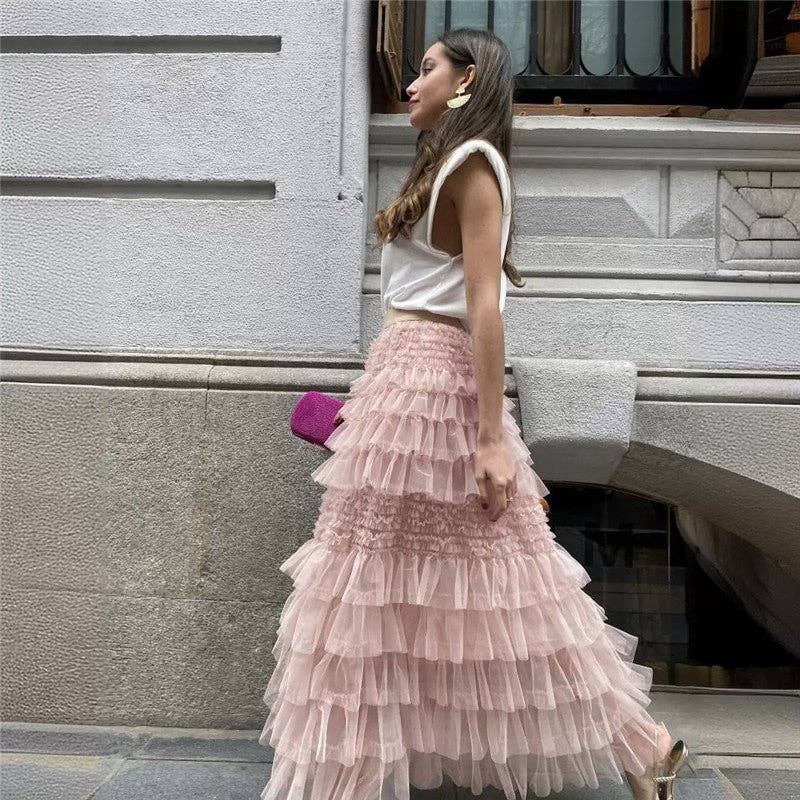 Chic Solid Color Mesh Cake Skirt