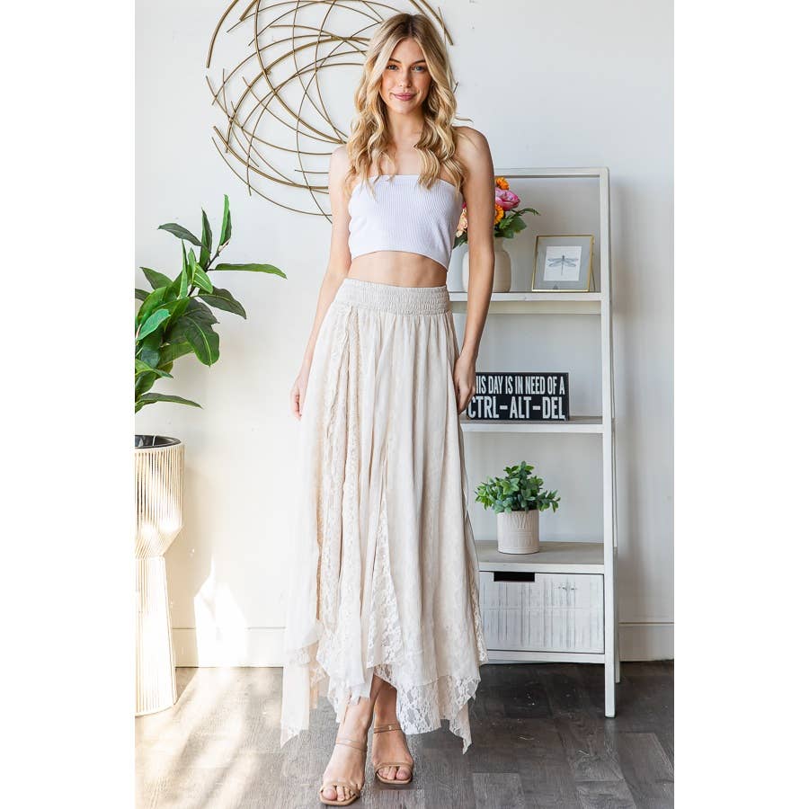 CHIFFON LACE MIXED OVERLAY A-LINE MIDI SKIRT