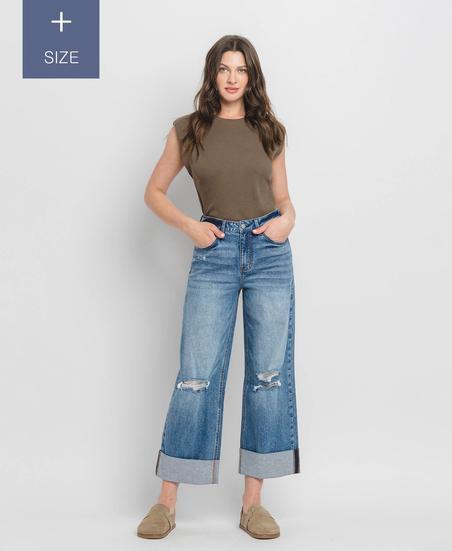 PLUS SIZE SUPER HIGH RISE CUFFED BAGGY WIDE JEANS