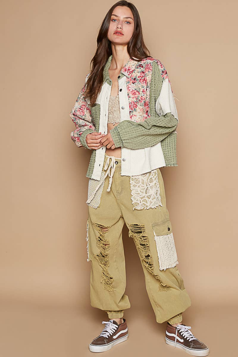 Oversize textured twill floral print jacket