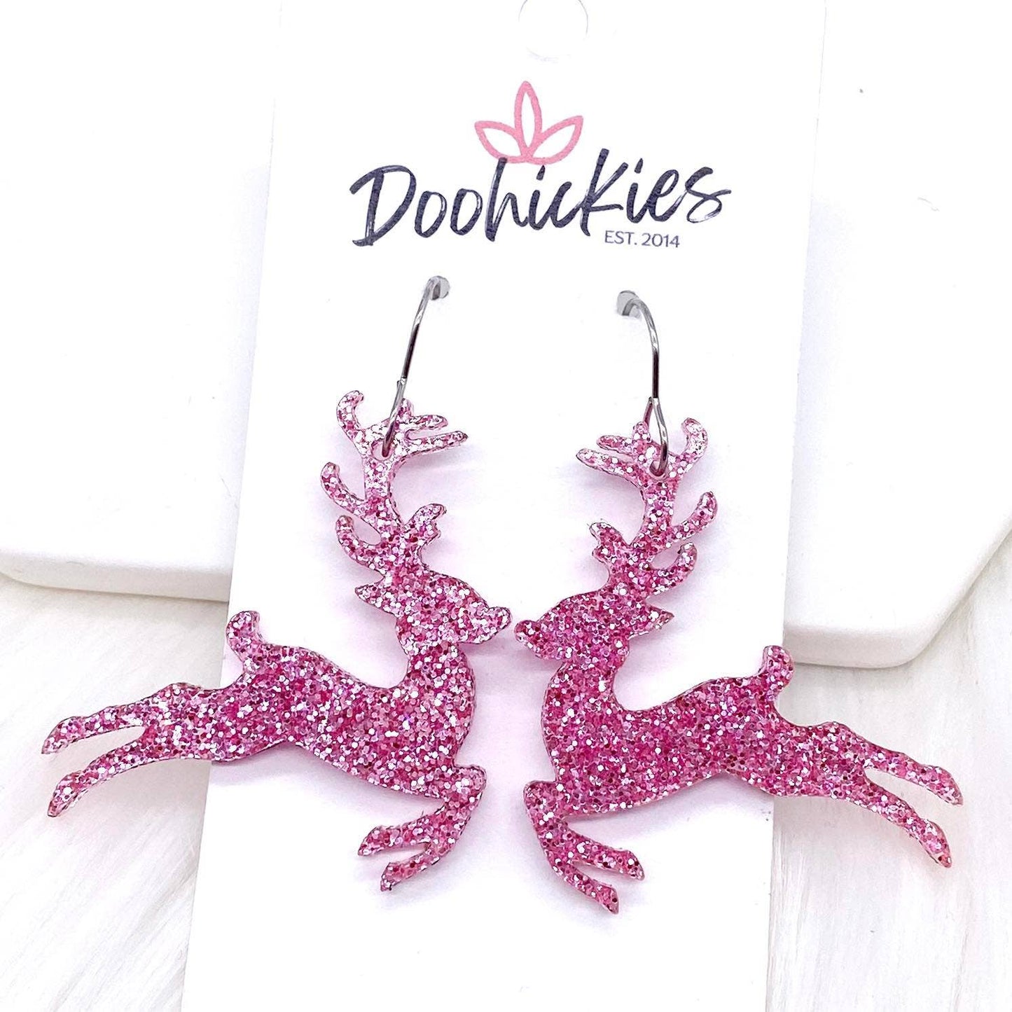 Pink Glitter Leaping Reindeer -Christmas Acrylic Earrings v