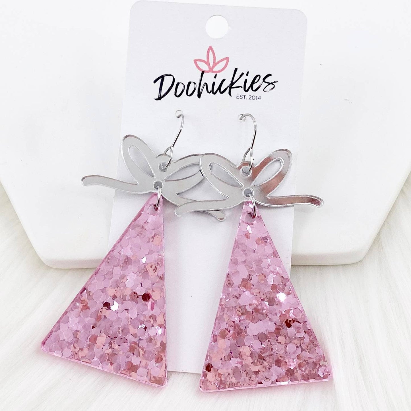 Pink Glitter Triangle Tree -Christmas Earrings 2.5"