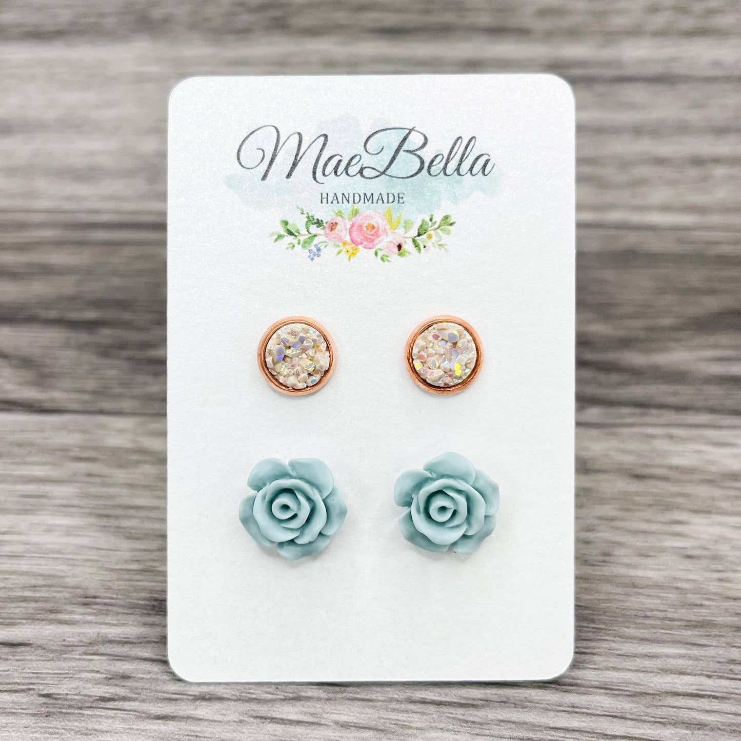 Mint Rose & Druzy 2 Pack Stud Earring Set