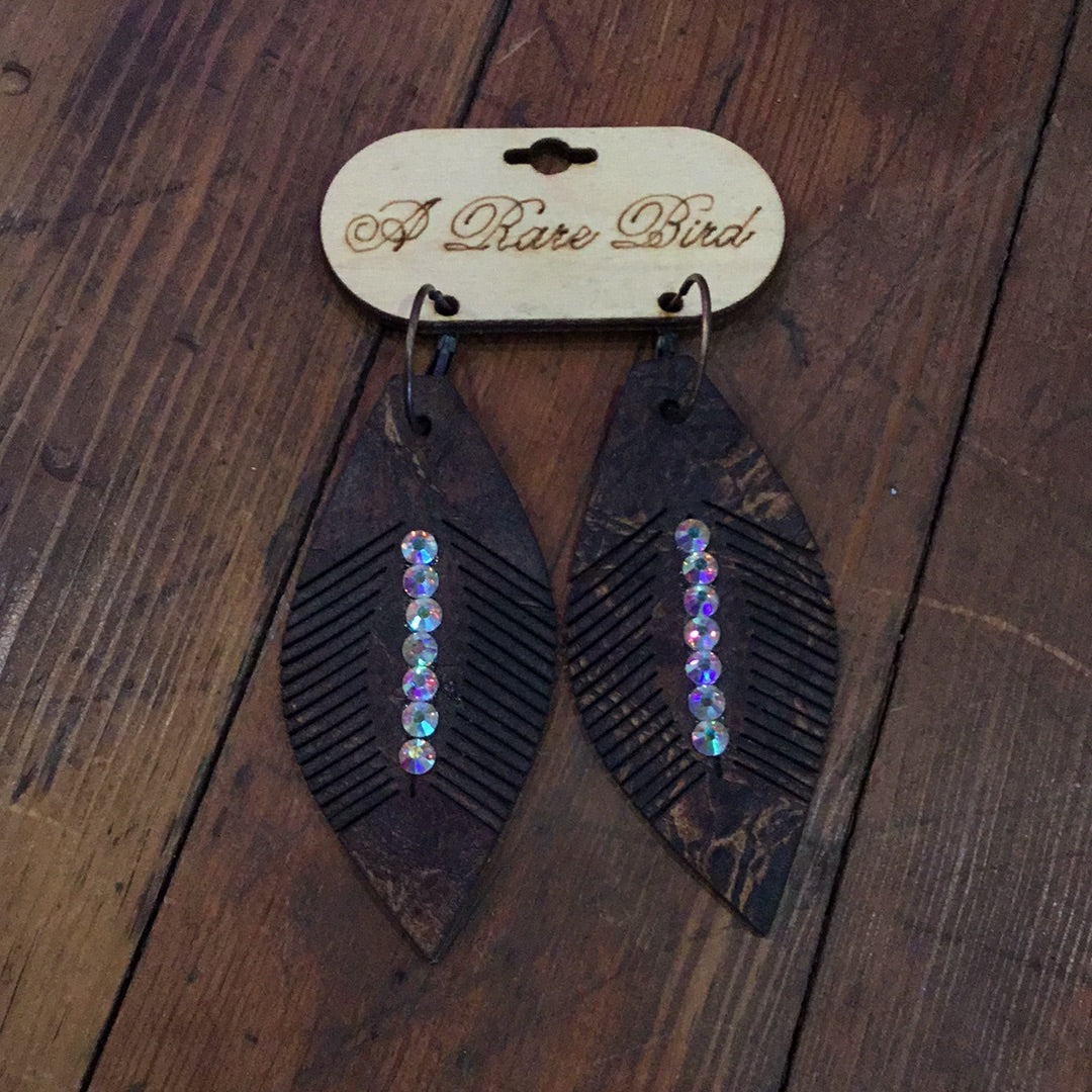 Leather feather rhinestone earring