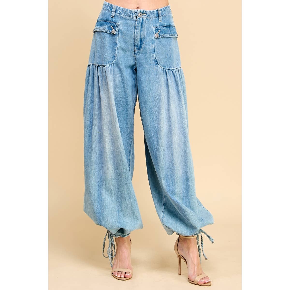 Ankle Drawstring Wide Denim Pants