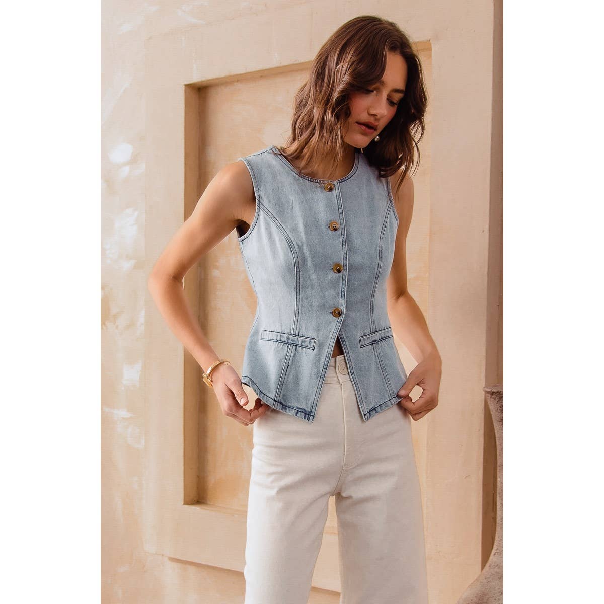 SLIM FIT BUTTON FRONT DENIM VEST TOP