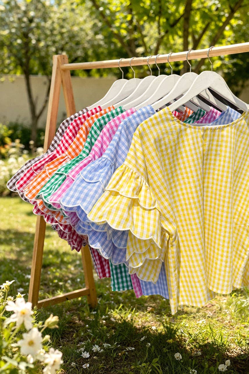 Charming Gingham Scallop Edge Wild Ruffle Cotton Top VT83548