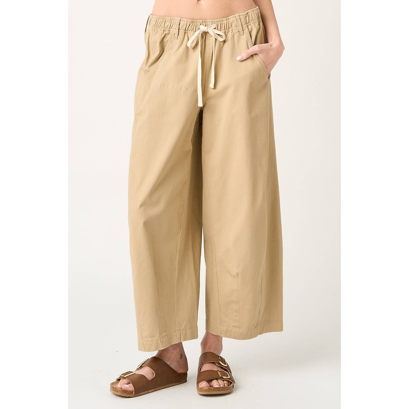 WIDE BARREL LEG DRAWSTRING ELASTIC WAIST PANTS
