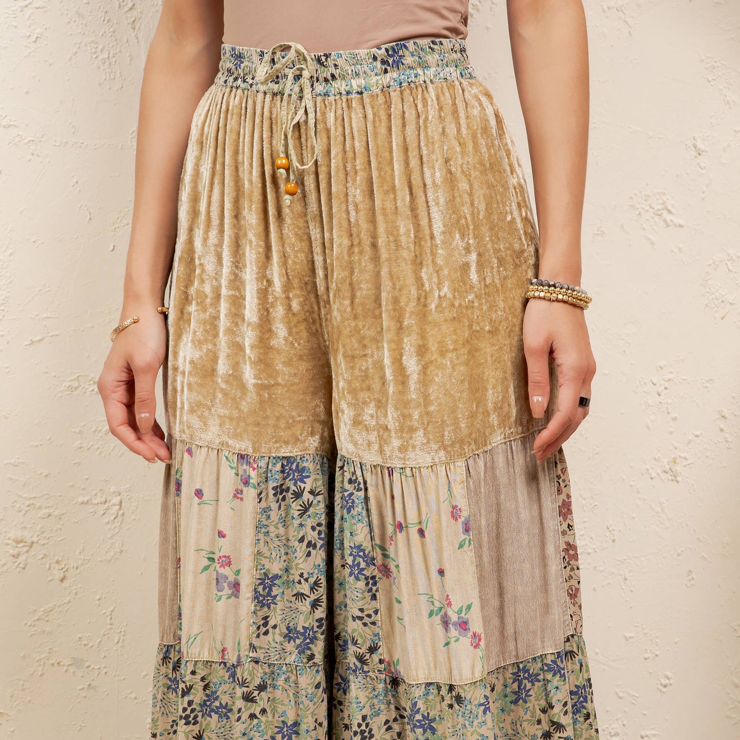 Boho Tiered Patchwork Flare Pant Velvet Drawstring Waist NEW