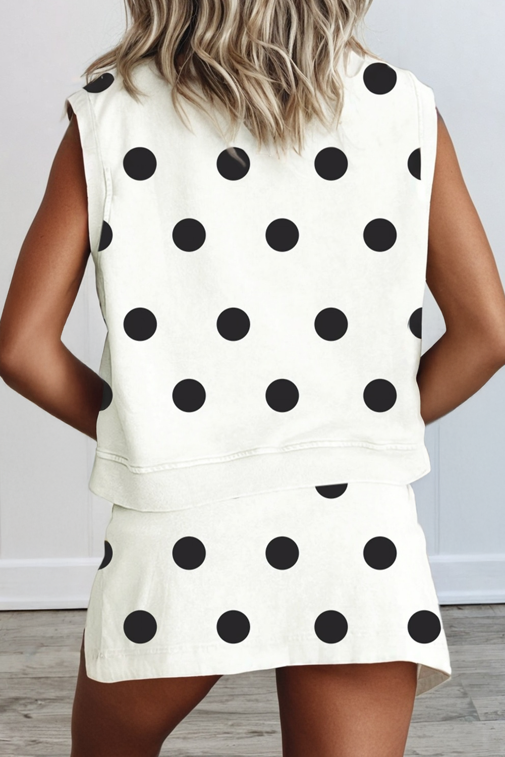 Ribbed Trim Polka Dot Tank Split Mini Skort Set(S-4X)