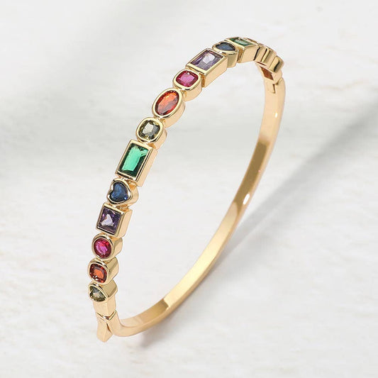 14K Gold Plated Mixed Shaped CZ Bezel Around Hinged Bangle Bracelet