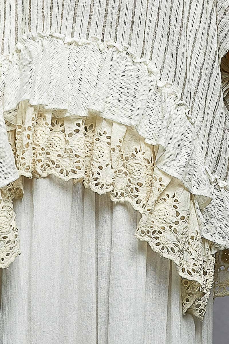 Eyelet Lace Ruffle Stripe Pattern Cardigan Top