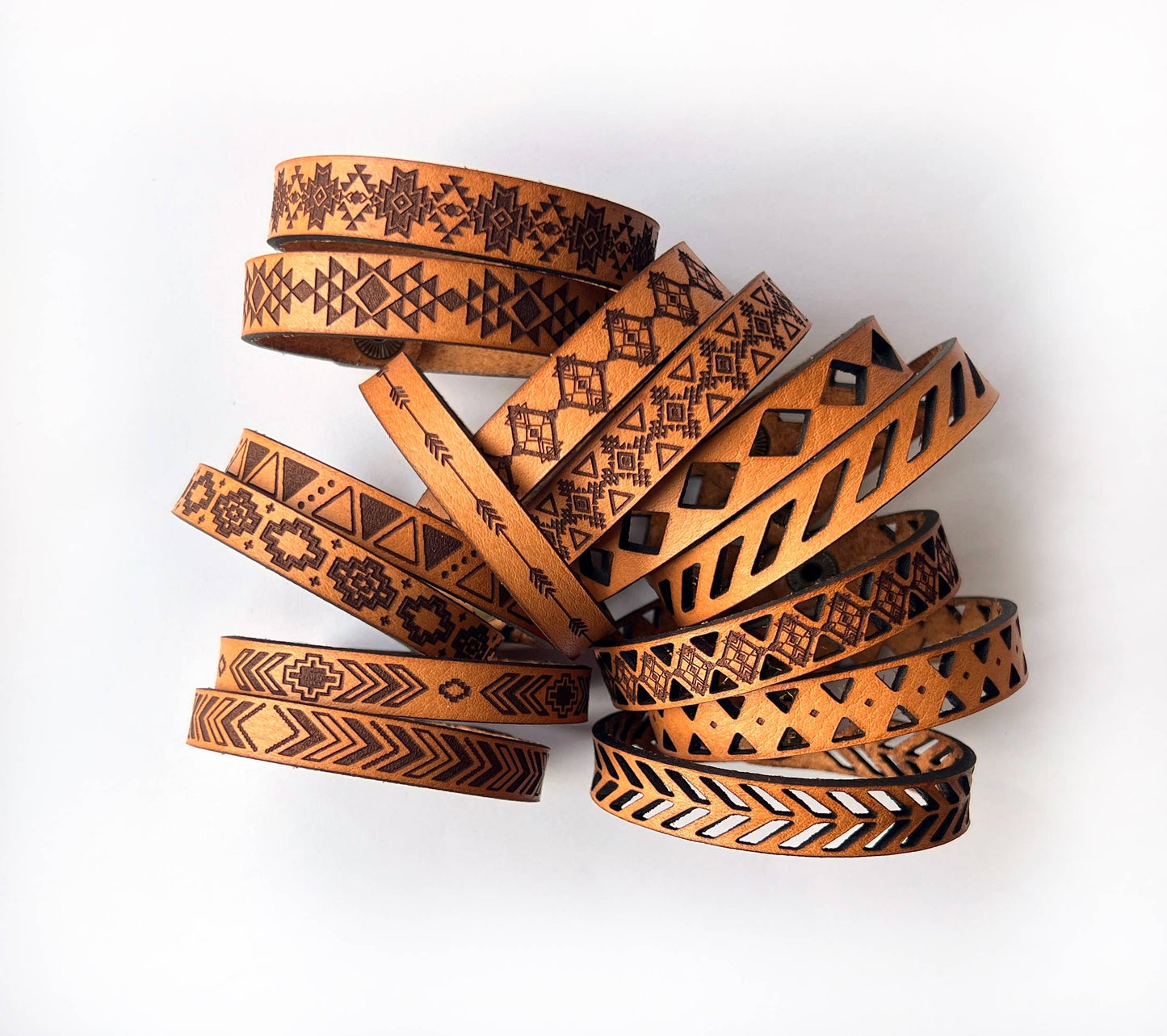 Western Boho Engraved Leather Bracelet Cuff - Snap Button