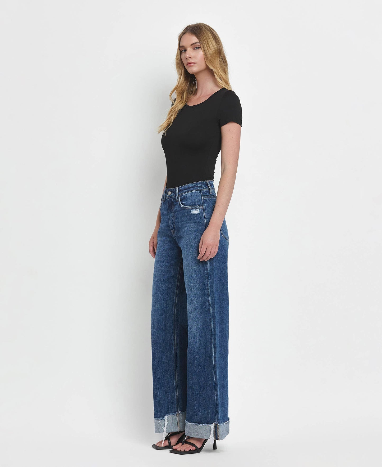 SUPER HIGH RISE CUFFED BAGGY WIDE JEANS T6614