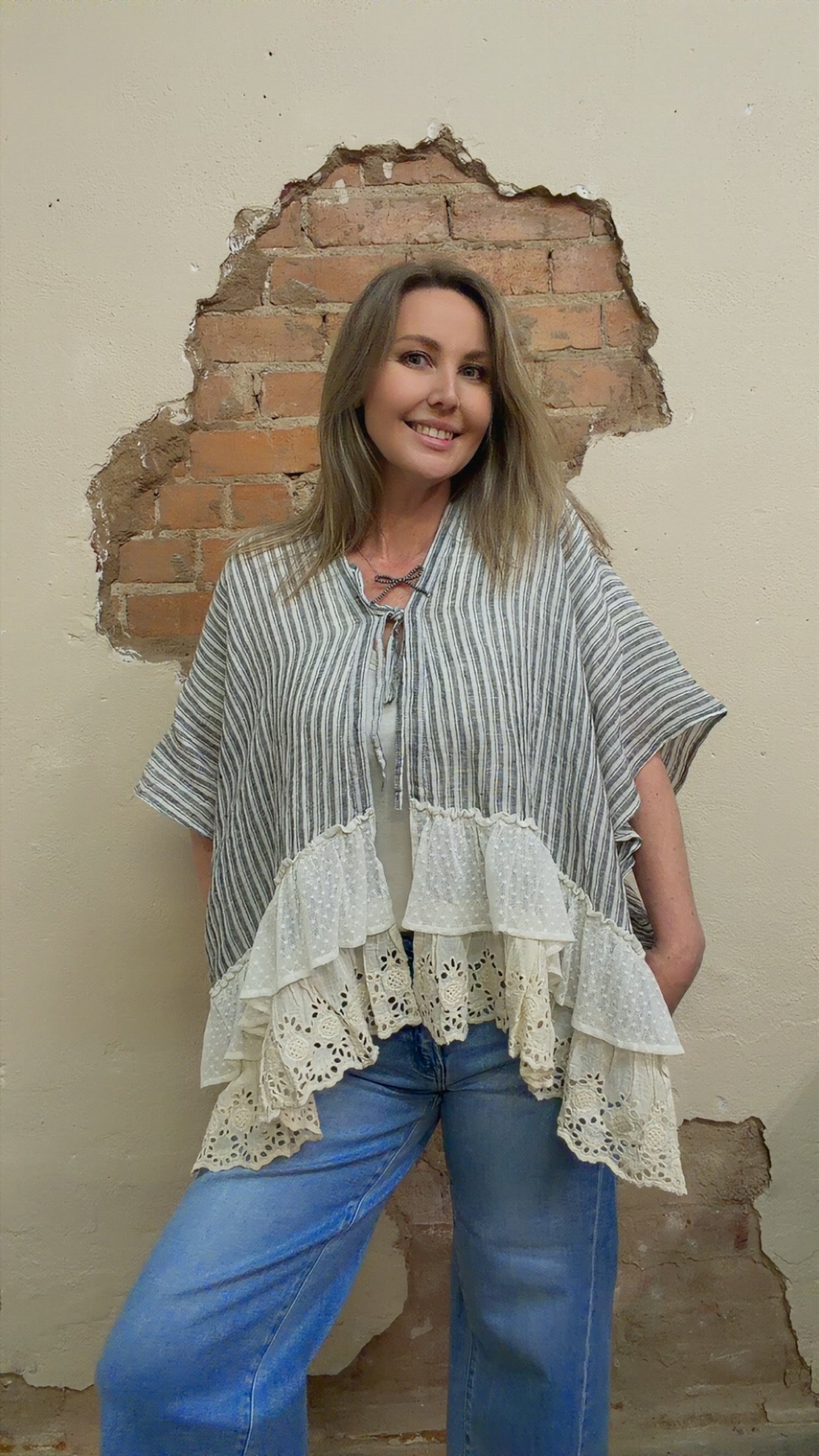 Eyelet Lace Ruffle Stripe Pattern Cardigan Top