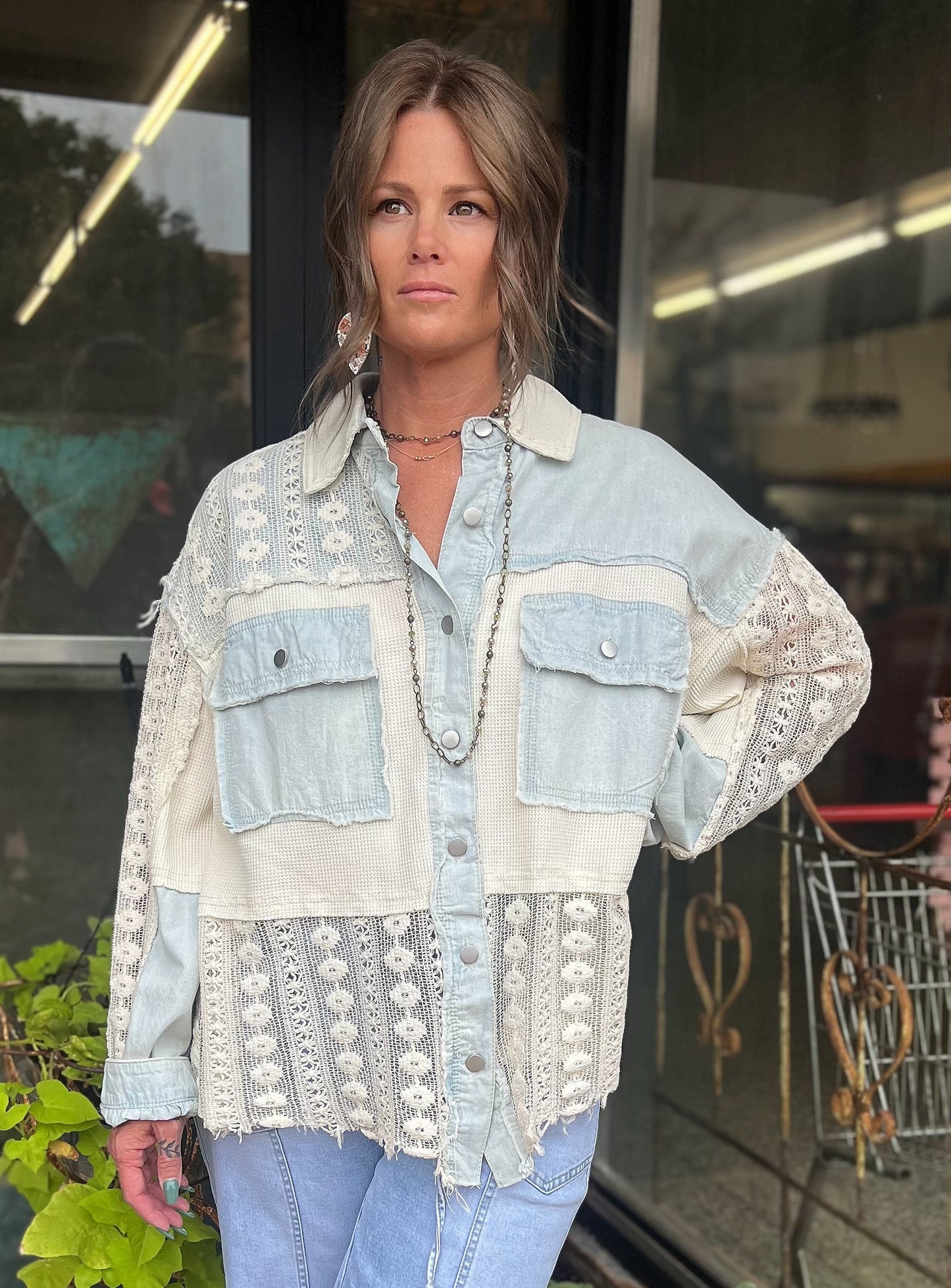 Oversize contrast lace crochet collared button down shirt