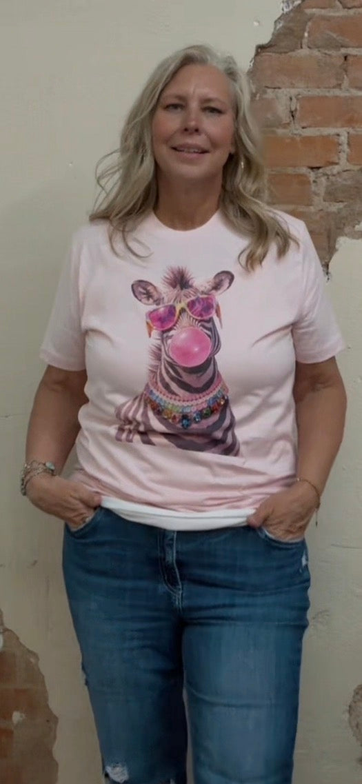 Jeweled Collar Bubble Gum Zebra on Light Pink Crew